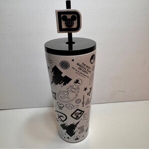 NWT Disney Parks stainless steel tumbler with a straw. black and white design